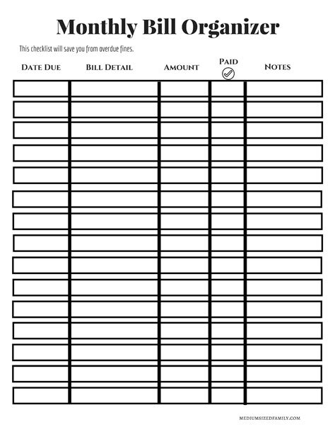 Monthly Bill Organizer Template Excel