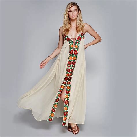 Buy Floral Embroidery Boho Maxi Dresses Summer