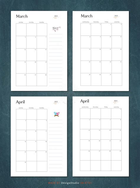 Calendario Mensual Imprimible 2023 Plantilla De Calendario Etsy México