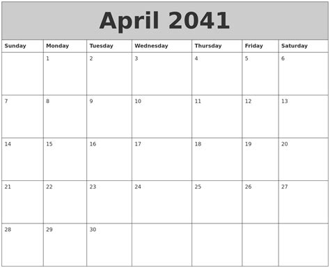 April 2041 My Calendar