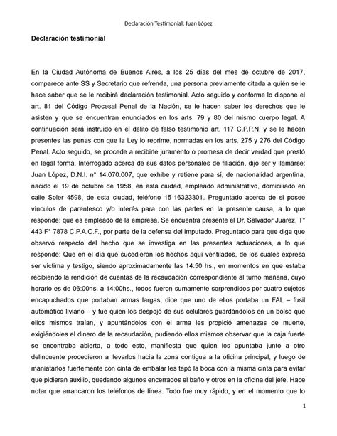 Declaración Testimonial Testimonial Juan Testimonial En La Ciudad De