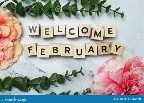Welcome February Alphabet Letter With Green Leave And Pink Flower Flat