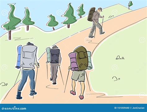 Group Of Four Tourists With Hiking Sticks And Backpacks Vector Flat