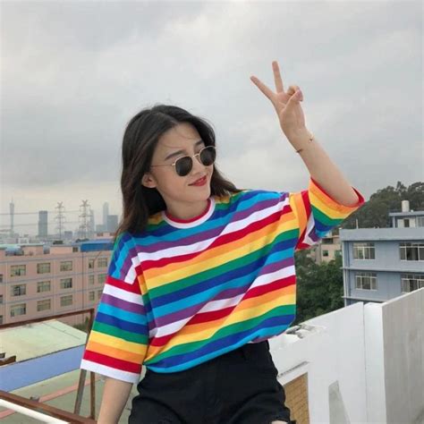 Women Rainbow Color Striped Loose Shirt Outfit Looks Rainbow