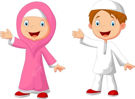 Enfants Musulmans De Dessin Animé Heureux Vecteur Premium
