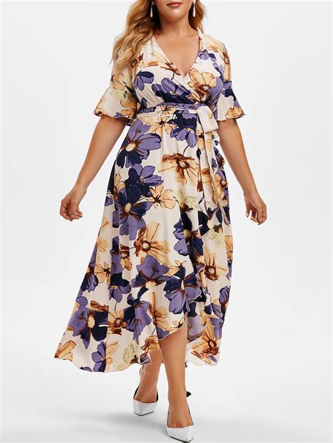 OFF Plus Size Floral Print Ruffled High Low Maxi Dress In MAUVE DressLily