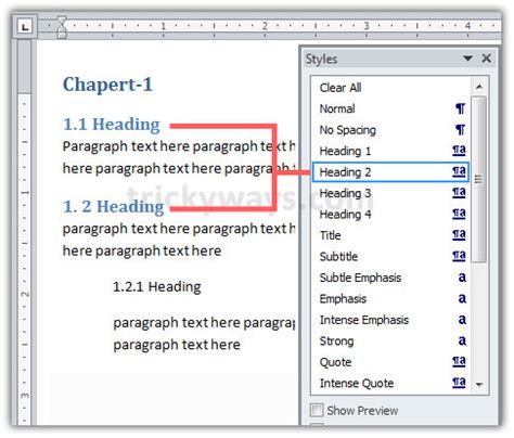 A heading element implies all the font changes, paragraph breaks before and after, and any white space necessary to render the heading. How to Create Table of Contents in Word 2007/2010 - Office