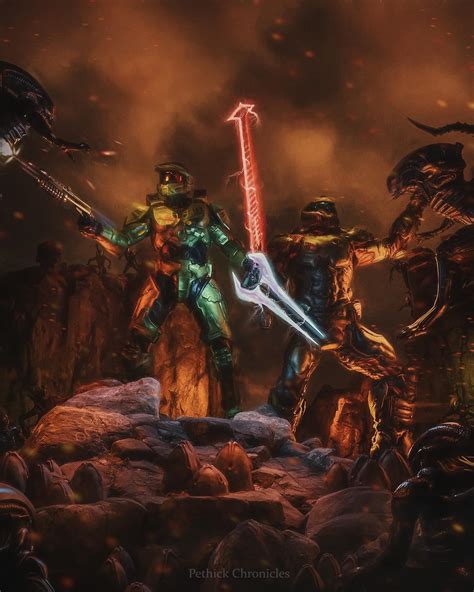 Master Chief And Doom Slayer Vs Xenomorphs Digital Artwork By Me 2021