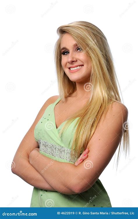 beautiful blonde with folded arms stock image image of happy teeth 4622019