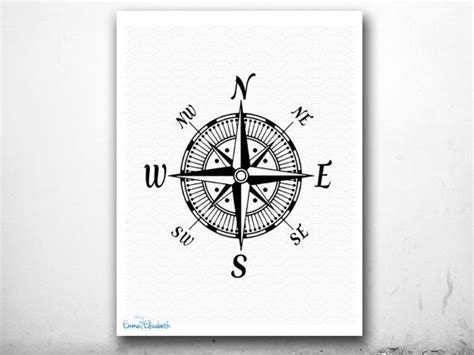 nautical art illustration vintage compass rose art print traditional art simple black and white