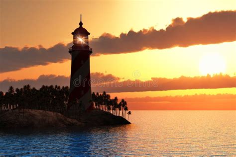 Dramatic Sunset With Lighthouse On Island In Sea Stock Illustration