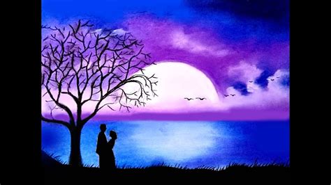 How To Draw Scenery Of Moonlight Night With Romantic Love Step By Step