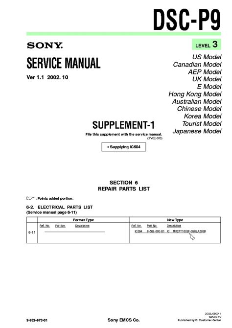 SONY DSC-P9 SUPP LEVEL-3 VER-1.1 Service Manual download, schematics