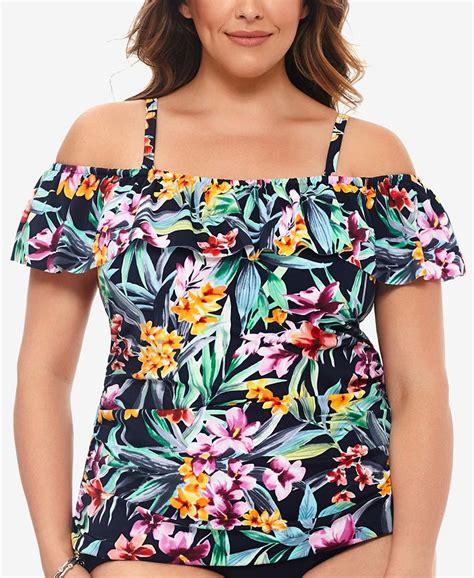 Swim Solutions Plus Size Printed Off The Shoulder Ruffle Tankini Top