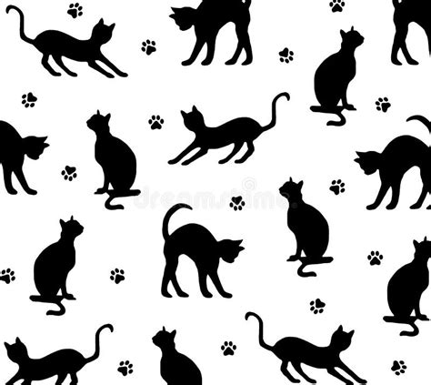 Pattern Of Black Cats Silhouettes And Their Traces On White Background Hand Drawn Stock