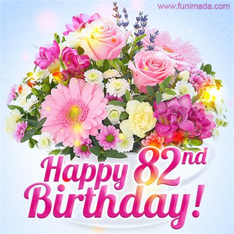 Happy 82nd Birthday Greeting Card Beautiful Flowers And Flashing