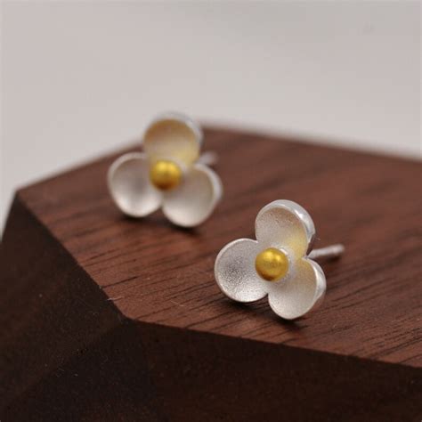 Flower Stud Earrings In Sterling Silver Three Petal Flower Etsy