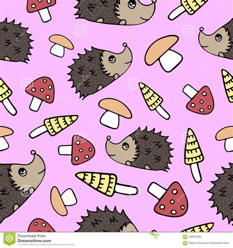 Seamless Pattern With Lovely Hand Drawn Mushrooms And Hedgehogs Stock