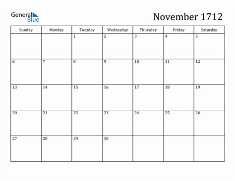 November 1712 Monthly Calendar Pdf Word Excel