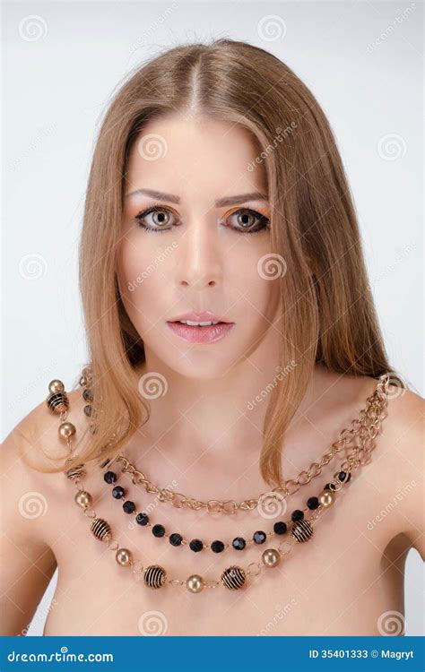 Beautiful Young Naked Woman With Bright Makeup Wearing Necklace Stock