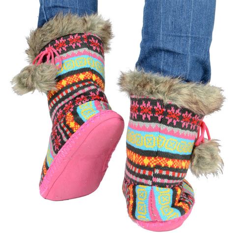 Ladies Knitted Fleece Lined Fairisle Bootie Slippers With Pom Poms