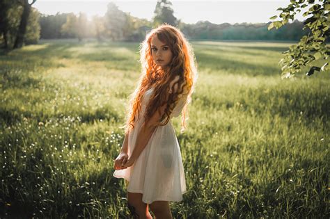 Wallpaper Redhead Women Outdoors Long Hair Dress See Through Clothing Wavy Hair Sunlight