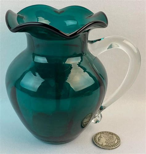 Lot Vintage Green Art Glass Pitcher W Ruffled Edge And Clear Applied Handle