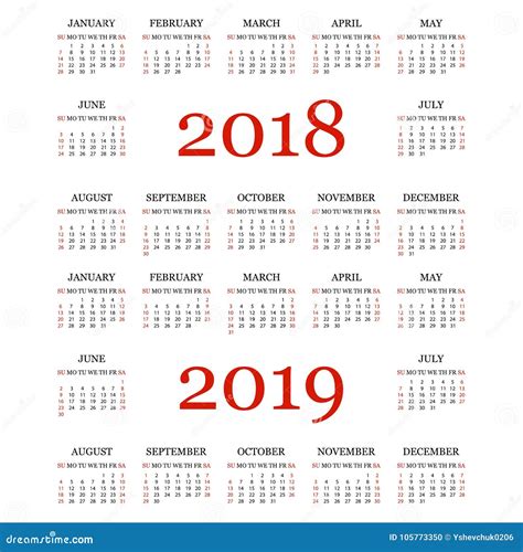 Calendar 2018 2019 Simple Calendar Template For Year 2018 And 2019
