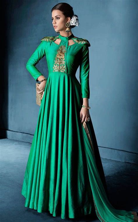 Please read our stitching service offer. Green Embroidered Party Anarkali Suit | Indian gowns dresses, Indian designer outfits