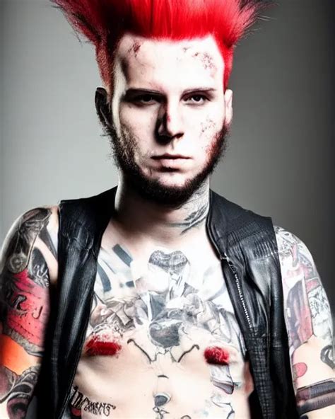 Man With A Red Dyed Mohawk Dressed In Punk Clothing Stable
