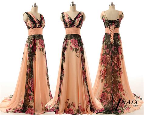 2015 Print Evening Dress Elegant Formal V Neck Spaghetti Strap A Line