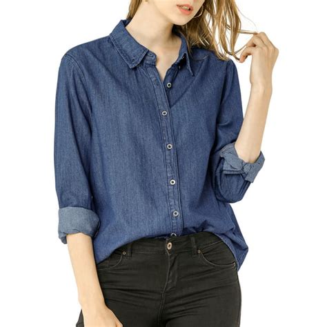 Unique Bargains Womens Classic Long Sleeves Loose Button Up Denim