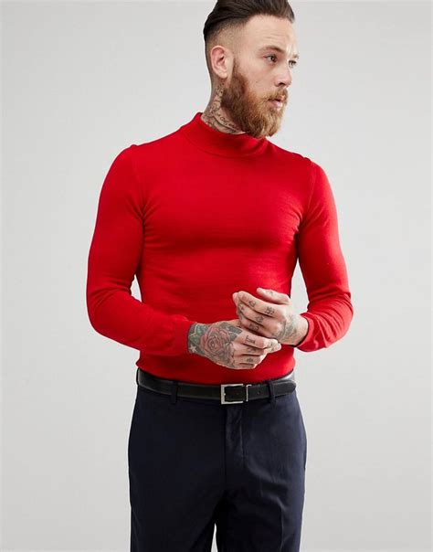 Asos Muscle Fit Merino Turtleneck Sweater In Red Red Mens Fashion Sweaters Turtleneck