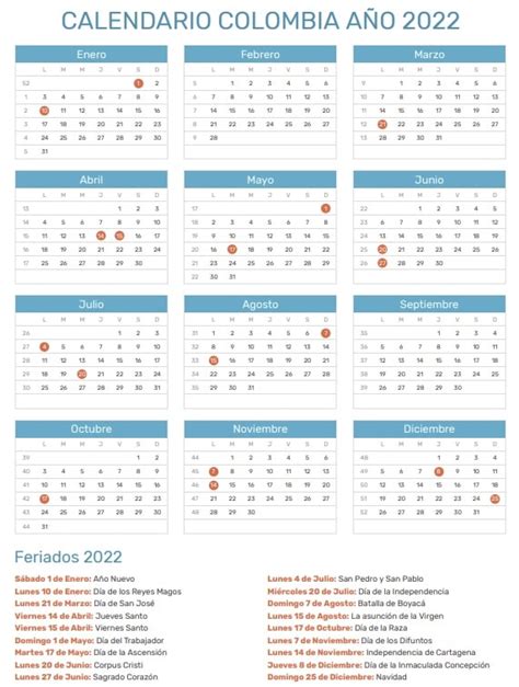 Calendario Colombiano Con Festivos 2022