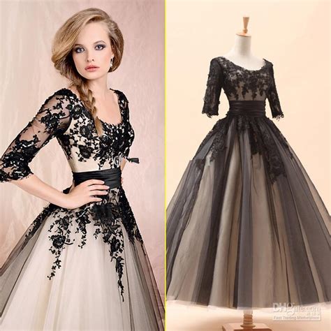 Find great deals on ebay for wedding black long dress. 2014 Sery Black 3 4 Long Sleeves Lace Tea Length Ball Gown ...
