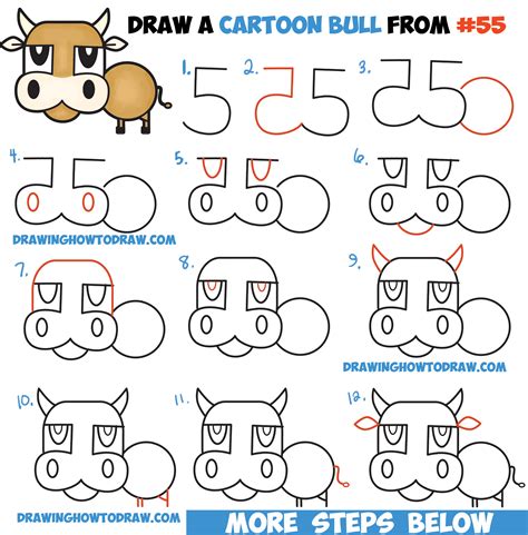 How To Draw A Cartoon Bull Cow From Numbers And Letters Easy Step By