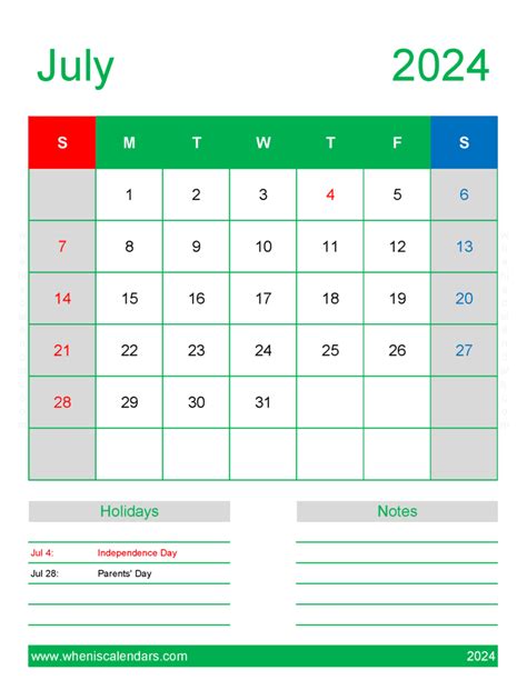 2024 July Holiday Calendar Monthly Calendar