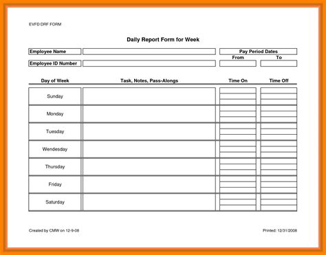 Daily Work Report Sheet