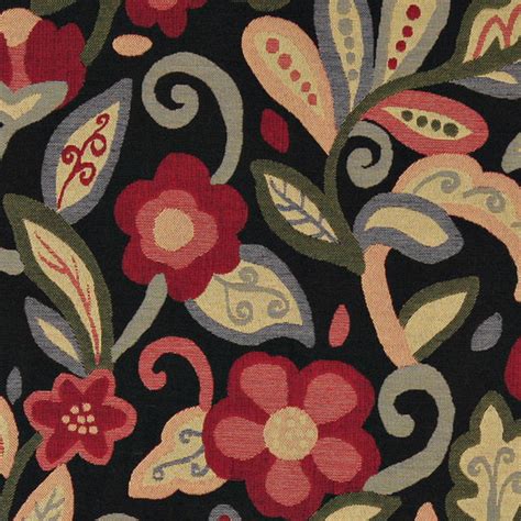 Green Red Orange And Black Floral Contemporary Upholstery Fabric By