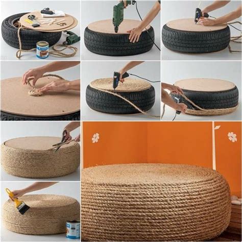 A rope covered tire planter with tripod legs katie at addicted 2 diy created this wonderful planter from an old tire. Do It Yourself Ideen mit alten Reifen - 20 inspirierende Beispiele | Diy pouf, Tire ottoman, Diy ...