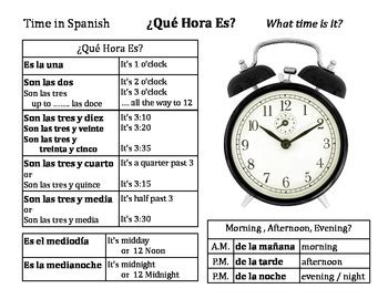 Me levanto a las siete. Spanish Time Chart Que Hora Es? by Bill Donnelly | TpT