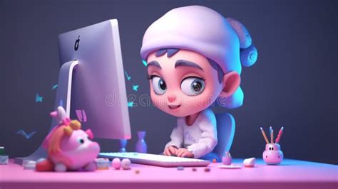 3d Girl Character Working With Computers Stock Illustration