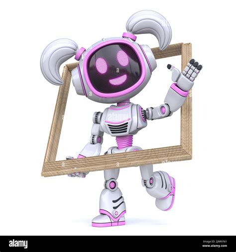 Cute Pink Girl Robot Hold Wooden Picture Frame 3d Stock Photo Alamy