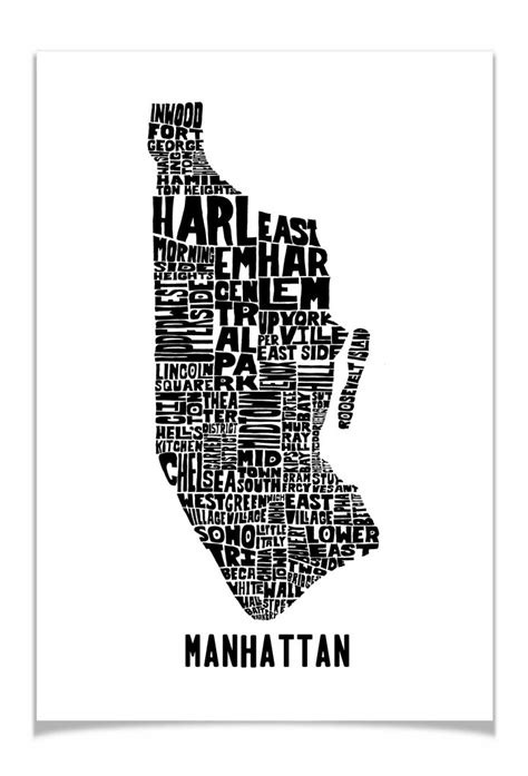 Manhattan Neighborhoods Map Art Manhattan Map Print Etsy Typography Hand Drawn Map Art