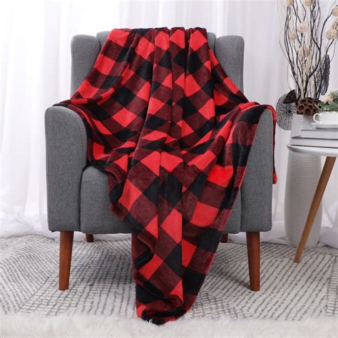Decorative Flannel Fleece Checkered Buffalo Plaid Throw Blanket For Sofa Couch Bed Red And Black