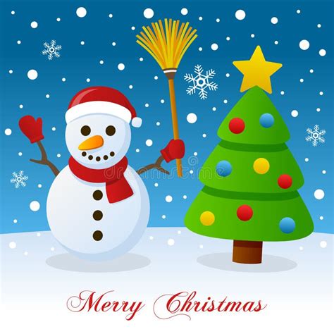 Merry Christmas With Snowman And Tree Stock Vector Illustration Of