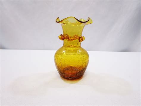 Vintage Amber Crackle Glass Vase Hand Blown Bud Vase Handcrafted Knick Knack Collectible Art