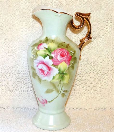 Lefton Pitcher Vase Light Green With Pink Roses Gold Gild Etsy Vase