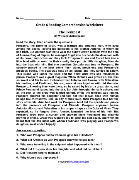 Free Printable 6th Grade Reading Comprehension Worksheets Pdf