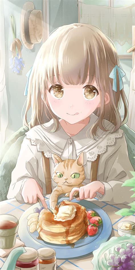 Download 1080x2160 Cute Anime Girl Eating A Pancake Cat Neko Cafe